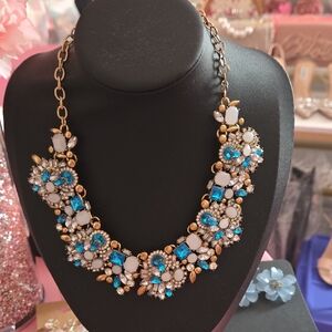 Chic Gold and Blue Floral Bib Statement Necklace